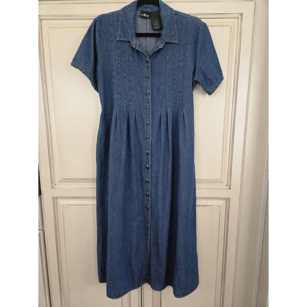 Vtg Denim Dress Women's 10p Pleated Button Up 90s Y2k Hunt Club Modest Teacher - Picture 1 of 10